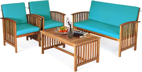 Miniatura 11 de Tangkula - Juego de 4 sofás de madera de acacia para exterior con cojines resistentes al agua, juego acolchado con mesa de centro para jardín, patio