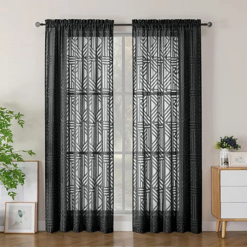 Miniatura 94 de Simplebrand Cortinas traslúcidas negras de cocina de 24 pulgadas de largo, 2 paneles, filtrado de luz, geométrico jacquard con textura, cortinas