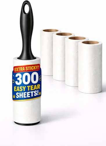 Rodillo de pelusa para pelo de mascotas extra pegajoso – 300 hojas, 1 mango + 5 rollos de recambio, removedor de pelo de perro y gato para ropa,