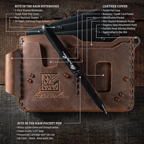 Miniatura 2 de Rite in the Rain SHERPA - Kit de cartera de cuero genuino para cuadernos, 6.875 x 3.75 pulgadas. Incluye un bolígrafo de bolsillo EDC y un paquete