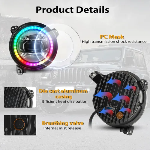 Miniatura 5 de YEEGO DIRECT Faros LED de 9 pulgadas para faros de Wrangler, faros RGB con halo para Wrangler JL JLU/Gladiator JT 2018-2025, aprobados por DOT