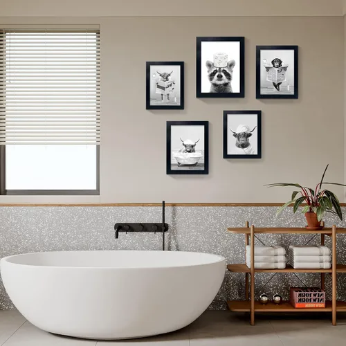 Miniatura 5 de Divertido arte de pared enmarcado de vaca de las tierras altas en bañera, lienzo blanco y negro, impresiones artísticas de pared de vaca, decoración
