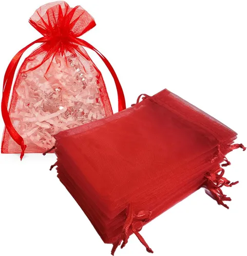 Miniatura 35 de Bolsas de regalo de organza de 5 x 7 pulgadas con cordón para joyas, dulces, flores de lavanda secas, 100 bolsitas rojas, bolsa de malla de tela