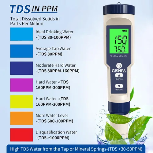 Miniatura 5 de Probador de piscina de agua salada 5 en 1, medidor de pH/TDS/EC/salinidad/temperatura, probador de agua de alta precisión de resolución 0.01