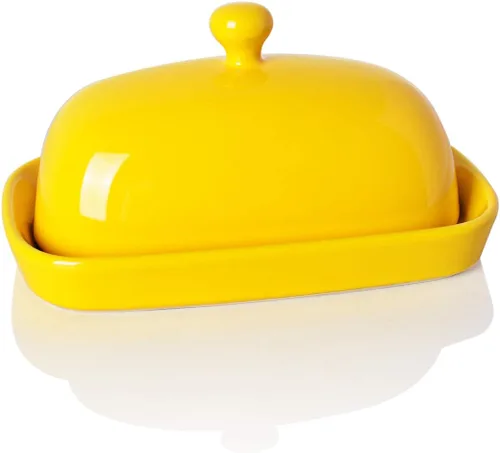 Sweejar Mantequillera de cerámica con tapa para encimera, recipiente para mantequilla de porcelana con mango de perilla, recipiente para mantequilla