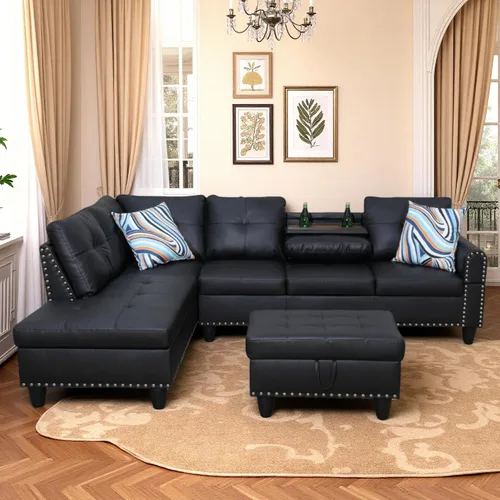 Miniatura 12 de Sofá modular de cuero en forma de L de 3 piezas – Sofá modular convertible con diván móvil y otomana de almacenamiento, uso multiescenario para sala
