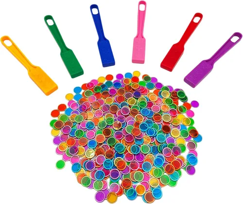 JUNWRROW Vara mágica de bingo con fichas, paquete de 6 y 600 fichas de metal, 6 fichas de metal de colores, para juegos de grupo grande, noche de