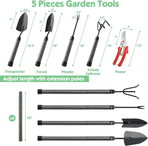 Miniatura 4 de Juego de herramientas de jardín de 5 piezas con mango extendido, juego de herramientas de jardín resistentes, kit de herramientas de jardinería