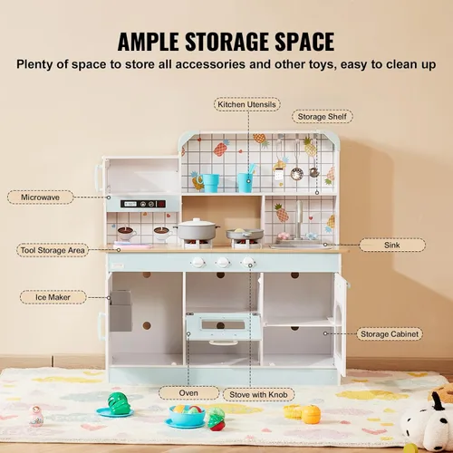 Miniatura 6 de VEVOR Juguete de cocina de madera para niños con luces y sonidos, cocina para niños pequeños con máquina de hielo, horno, fregadero, microondas