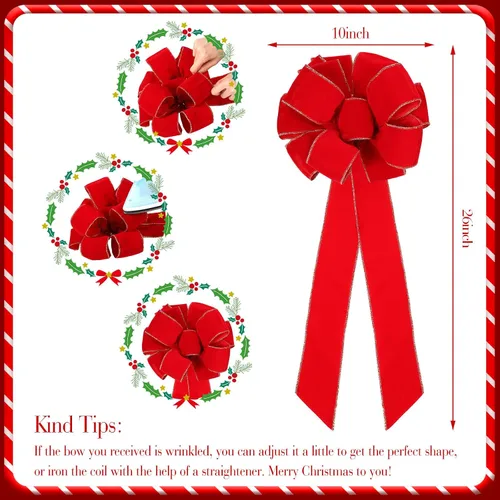Miniatura 3 de Kigeli Lazo de Navidad grande de 10 x 26 pulgadas, hecho a mano, gran cinta de terciopelo rojo para exteriores, corona de Navidad, adorno para árbol