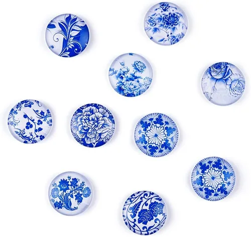 Miniatura 3 de Craftdady 200 unidades de cabujones de cristal con estampado de flores azules y blancas de 0.394 in con parte trasera plana media redonda