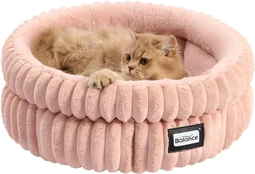 BALANCE Cama para gatos, cama redonda lavable para gatos de interior, cama de felpa súper suave de piel sintética para cachorros y gatitos con parte
