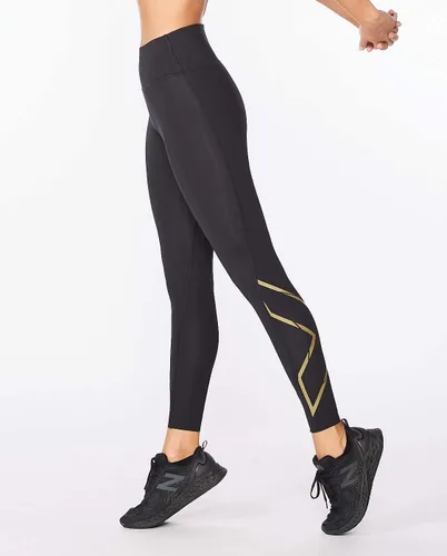 Miniatura 5 de 2XU Mallas de compresión Force de tiro medio para mujer con cintura plana y ancha para entrenamiento y fitness, negrodorado, talla XS