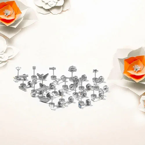 Miniatura 5 de 18 pares de aretes tipo dormilona para mujeres y hombres, de acero inoxidable quirúrgico 316L, hipoalergénicos, con parte trasera plana, aretes