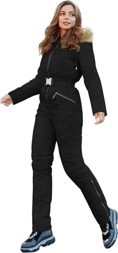 Yousify Mameluco de invierno para mujer traje de esquí con capucha y cuello de piel traje de nieve para deportes al aire libre