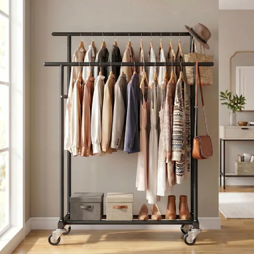 Miniatura 7 de Calmootey Perchero de ropa de doble varilla, organizador portátil para colgar ropa, organizador de ropa rodante para dormitorio, sala de estar, Negro