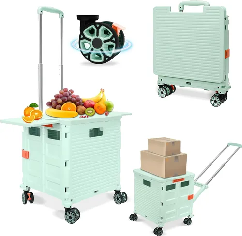 Miniatura 34 de FELICON SELORSS Carro de Utilidad Plegable Carro de Mano Plegable con Mango Telescópico de Plástico Resistente Cesta Plegable de 4 Ruedas Giratorias