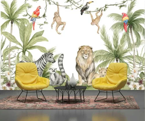 Miniatura 2 de Pegatinas de pared de animales de selva de plantas verdes tropicales, murales de pared personalizados para dormitorios, salas de estar, oficinas