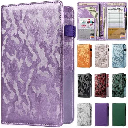 Miniatura 14 de Libreta de mesera para camarera, organizador de cuero con bolsillo con cremallera, folleto para personal de restaurante, soporte para cheques de Café