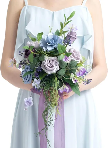 Miniatura 33 de Ling's moment Ramos de flores artificiales de rosas y azules polvorientas para damas de honor, ramo floral azul marino, ramos de dama de honor