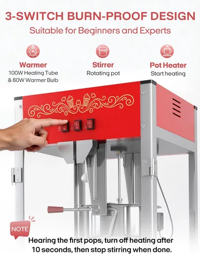 Miniatura 6 de Máquina comercial de palomitas de maíz con carrito, auténtica máquina de palomitas de maíz de 16 onzas con cubierta de vibración, máquina de Rojo