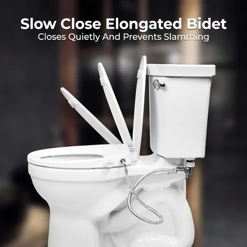 Miniatura 2 de GenieBidet Asiento de inodoro con bidé lateral izquierdo alargado, boquillas dobles con adaptador en T y botella, presión de agua ajustable y Lado