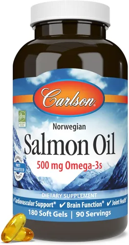 Miniatura 5 de Carlson Aceite de salmón, 500 mg de omega-3, aceite de pescado capturado en la naturaleza noruego, de origen sostenible, 180 cápsulas blandas