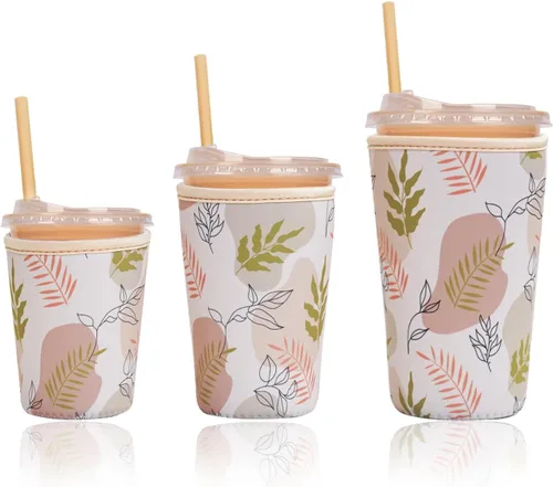 Miniatura 54 de Funda aislante reutilizable para taza de café helado, paquete de 3 fundas de neopreno para bebidas frías y calientes, soporte para bebidas para café
