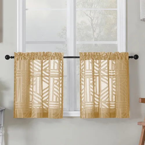 Miniatura 69 de Simplebrand Cortinas traslúcidas negras de cocina de 24 pulgadas de largo, 2 paneles, filtrado de luz, geométrico jacquard con textura, cortinas