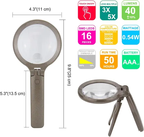 Miniatura 7 de HONWELL Lupa con luz – 3 x 5 aumentos, 3 modos 16 LED, funciona con pilas para leer, inspección, monedas, pasatiempos