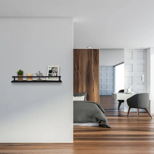Miniatura 7 de Peter's Goods Estantes flotantes de pared con riel, grandes, color negro moderno, juego de 2 estantes con toallero - Estante de madera montado