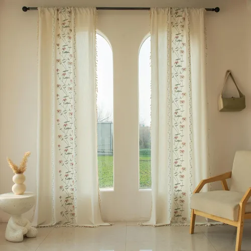 Miniatura 22 de BHUSB Cortinas rústicas para sala de estar de 63 pulgadas de largo, cortinas de ventana de lino y algodón con estampado floral bohemio, cortinas
