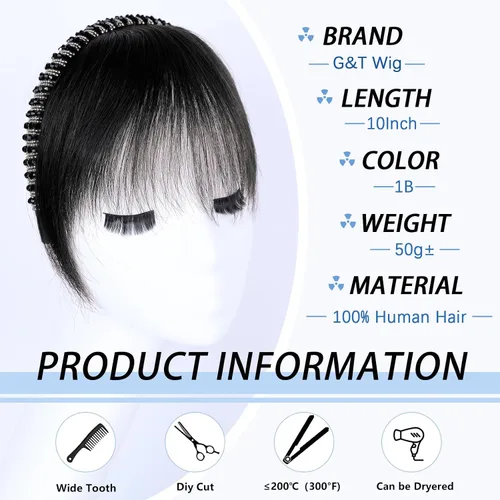 Miniatura 3 de G&T - Flequillo con clip para el cabello humano, flequillo delgado con fleco de diamantes de imitación, extensiones de cabello para mujer, flequillo
