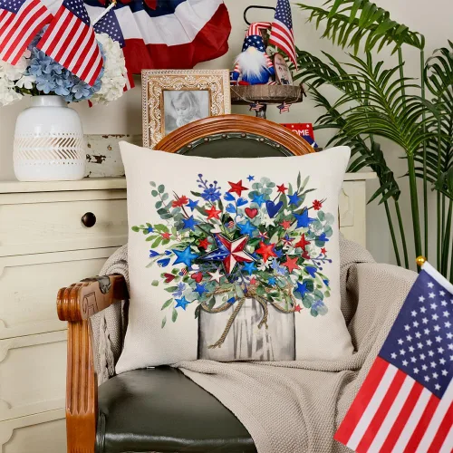 Miniatura 3 de AACORS Fundas de almohada del 4 de julio, 16 x 16 pulgadas, florero floral, mariposa, decoración patriótica de Estados Unidos, funda de almohada
