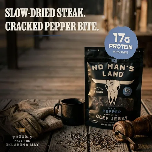 Miniatura 6 de No Mans Land Beef Jerky - Pimienta negra Tiras de carne seca secadas lentamente, ahumadas y sazonadas Bocadillo de carne de res alto