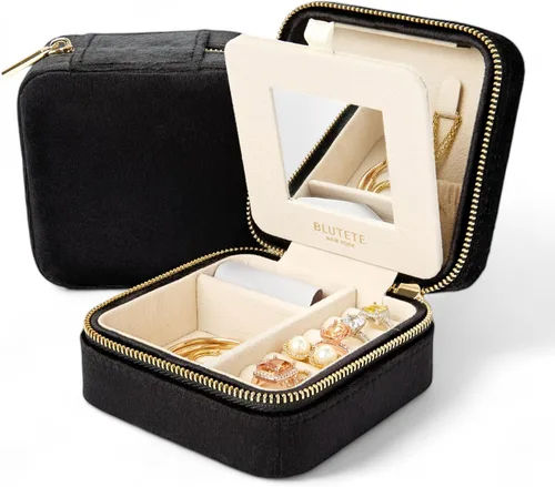 BLUTETE Joyero de viaje organizador de terciopelo con anillos de espejo, aretes, collares, caja organizadora de almacenamiento (negro)