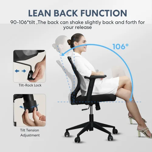 Miniatura 4 de Silla ergonómica de oficina, silla de escritorio de malla para el hogar con brazos ajustables, sillas de computadora con respaldo medio para Negro