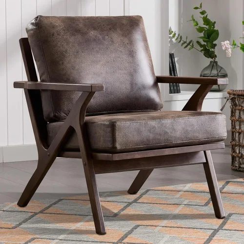 Miniatura 10 de INZOY Sillón moderno, estilo Accent de mitades de siglo, con marco de madera, de piel sintética, para sala de estar y dormitorio, sillón acolchado