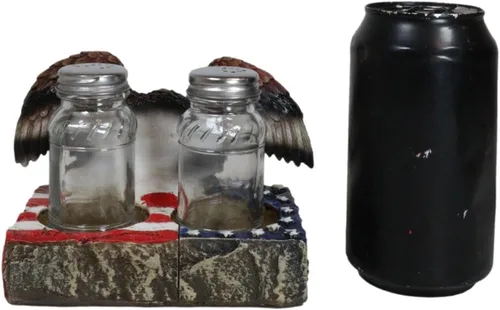 Miniatura 4 de Ebros Gift Águila calva patriótica americana con rama de olivo posada en base de la bandera de Estados Unidos soporte decorativo de sal y pimentero