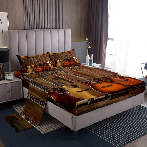 Miniatura 61 de Castle Fairy Juego de sábanas de botas de vaquero, tamaño individual, juego de ropa de cama de guitarra musical bohemia de 3 piezas para niños