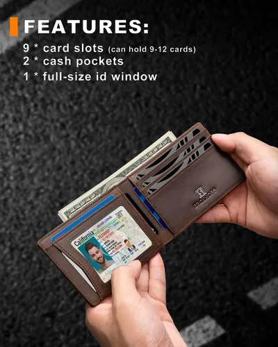 Miniatura 32 de Billetera AirTag para hombre, de piel auténtica plegable con bloqueo Rfid AirTag con ranuras para efectivo y ventana de identificación, compatible
