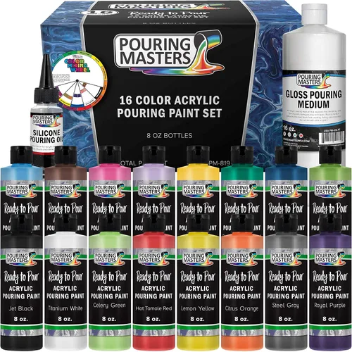 Set de pintura acrílica Pouring Masters de 8 colores listos para usar, botellas de 2 onzas, pre mezcladas, de alta calidad, altamente fluida, para