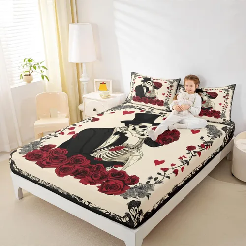 Miniatura 8 de Erosebridal Sábanas de cama de polilla de la muerte, sábana bajera ajustable de calavera gótica, tamaño individual, sábanas florales de flores
