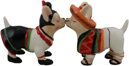 Ebros Chi Chi Chi Kissing Mexicano Chihuahua Mascota Perro con sombrero y serape pareja salero y pimentero Set de figuras de cerámica para fiesta,