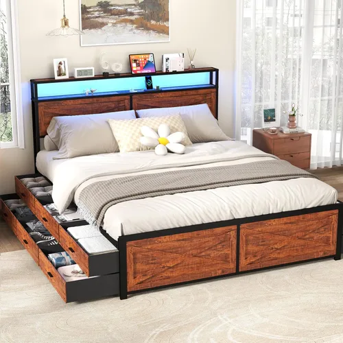 Miniatura 18 de Kiivakii Base de cama Queen con cabecero, base de cama de plataforma LED con 4 cajones de almacenamiento, estación de carga integrada, sin ruido