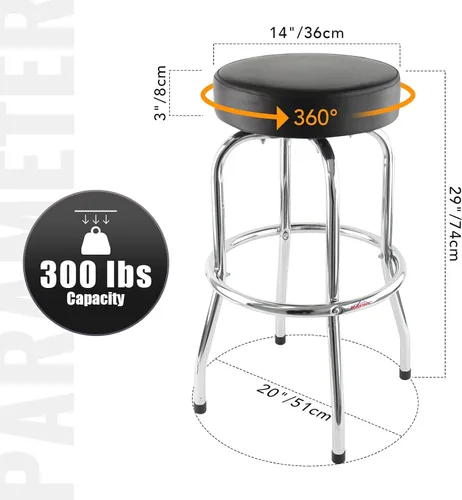 Miniatura 3 de Ruedamann Taburete de bar giratorio de 29 pulgadas de alto, asiento acolchado de cuero sintético negro, marco cromado, soporta hasta 300 libras