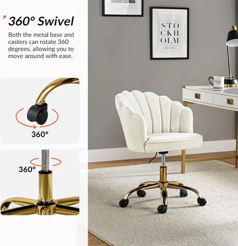 Miniatura 3 de HULALA HOME Silla de escritorio de terciopelo para oficina en casa con base dorada, silla giratoria ajustable para tocador, diseño moderno y bonito