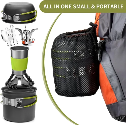 Miniatura 4 de aiGear Juego de 8 utensilios de cocina para acampar, juego de ollas y sartenes con mini estufa de mochilero, taza de acero inoxidable, soporte