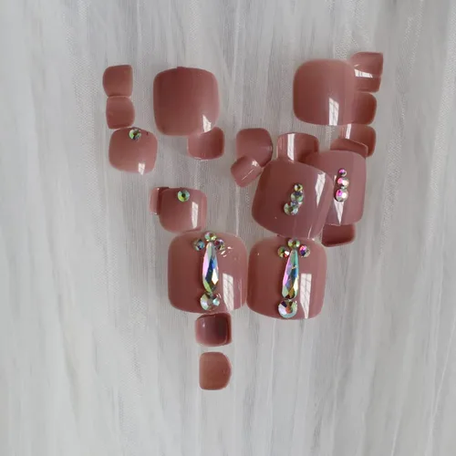 Miniatura 3 de 24 uñas de los pies a presión color caqui para los dedos de los pies, elegantes y exquisitas piedras brillantes, uñas postizas para novias, puntas