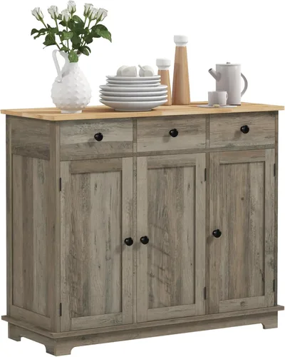 Miniatura 10 de HOMCOM Aparador de buffet con encimera de madera maciza, gabinete de almacenamiento de cocina moderno, gabinete de barra de café con 2 cajones, Negro